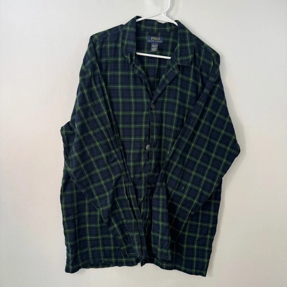 Polo Ralph Lauren Mens Large Plaid Sleepwear Pajama Shirt Navy Green Cotton L